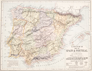 antique map of spain portugal 1887 letts